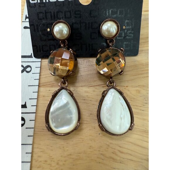 Chicos Brown Queens Royal Jewels Dangle Earrings With Faux Pearls & Faceted Gems - Picture 7 of 11